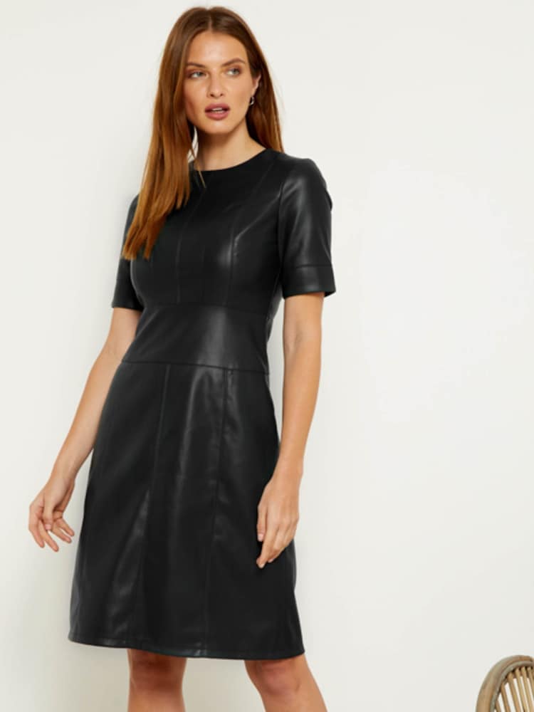 Sosandar Black Leather Look Panelled Shift Dress - Image 1 of 5