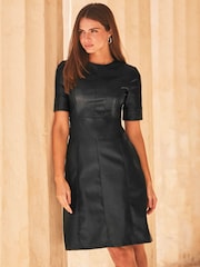 Sosandar Black Leather Look Panelled Shift Dress - Image 4 of 5