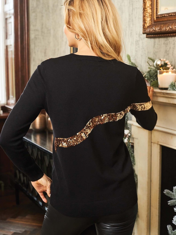 Sosandar Black Sequin Bow Knit Jumper - Image 2 of 4