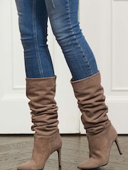 Sosandar Brown Suede Heeled Slouch High Leg Boots - Image 1 of 4