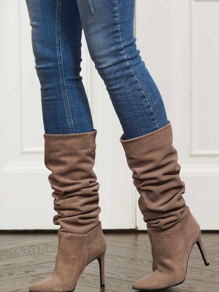 Sosandar Brown Suede Heeled Slouch High Leg Boots - Image 1 of 4
