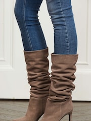 Sosandar Brown Suede Heeled Slouch High Leg Boots - Image 3 of 4