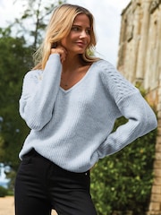 Sosandar Blue Cable Shoulder V-Neck Jumper - Image 1 of 4