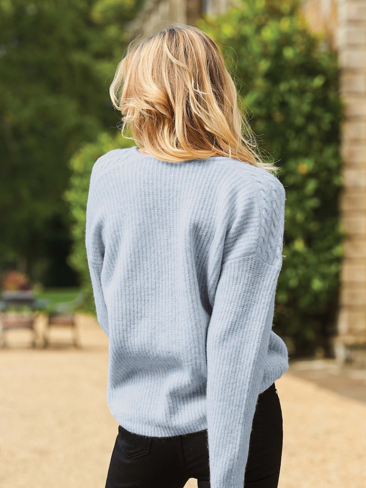 Sosandar Blue Cable Shoulder V-Neck Jumper - Image 2 of 4