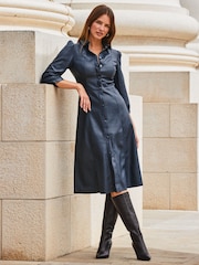 Sosandar Blue Faux Leather Popper Front Shirt Dress - Image 4 of 7