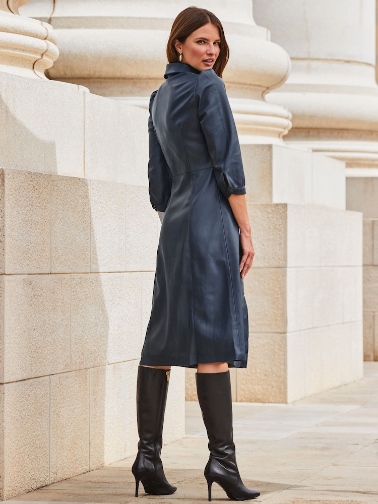 Sosandar Blue Faux Leather Popper Front Shirt Dress - Image 5 of 7