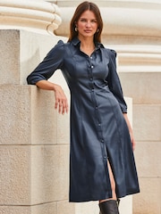 Sosandar Blue Faux Leather Popper Front Shirt Dress - Image 6 of 7