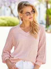 Sosandar Pink Pointelle Sleeve V-Neck Jumper - Image 1 of 5