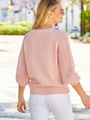 Sosandar Pink Pointelle Sleeve V-Neck Jumper - Image 2 of 5