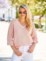 Sosandar Pink Pointelle Sleeve V-Neck Jumper - Image 3 of 5