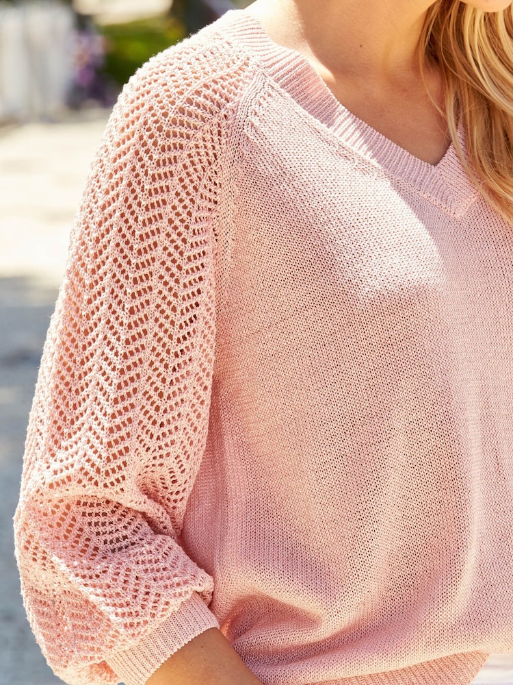 Sosandar Pink Pointelle Sleeve V-Neck Jumper - Image 5 of 5