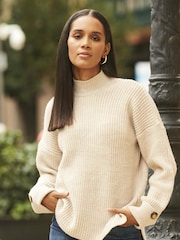 Sosandar Cream High Neck Folded Button Cuff Jumper - Image 1 of 5