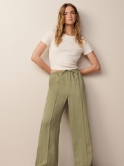 Khaki Green Drawstring Tencel Wide Leg Trousers - Image 1 of 7