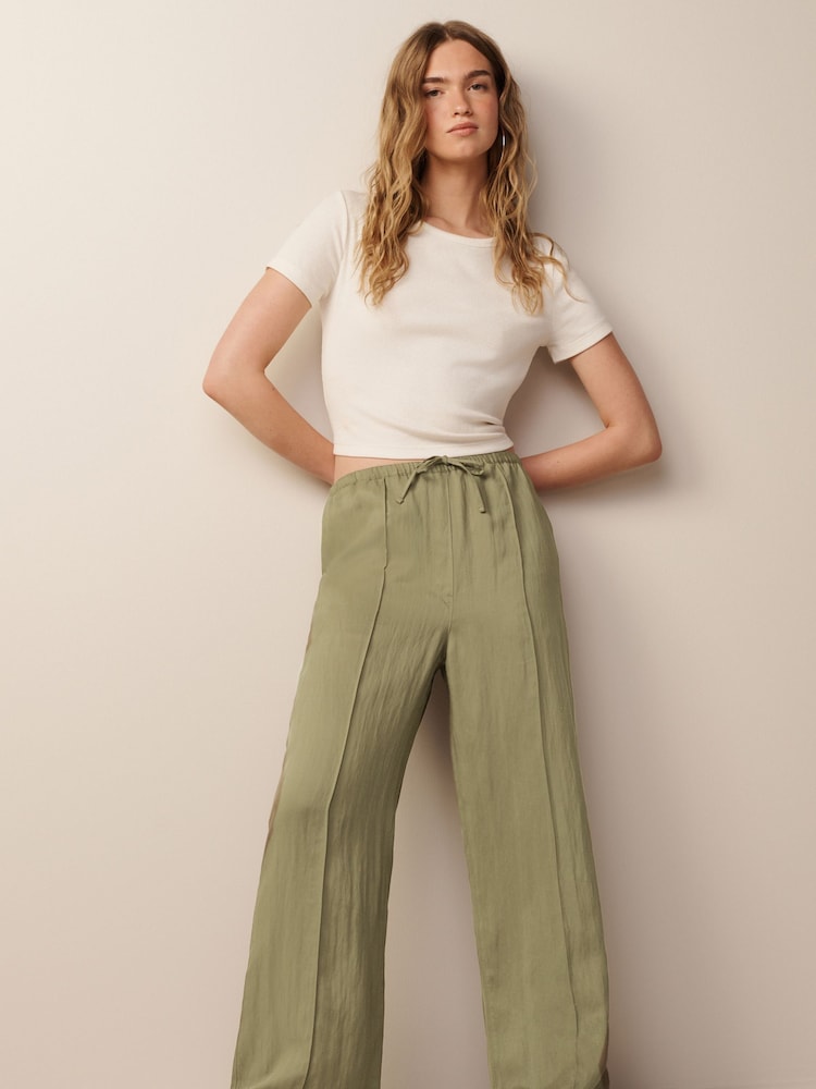 Khaki Green Drawstring Tencel Wide Leg Trousers - Image 1 of 7