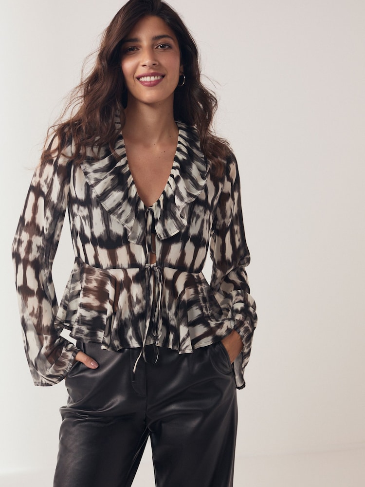 Monochrome Tie Ruffle Long Sleeve Blouse - Image 1 of 6