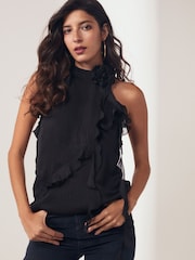 Black Corsage Neck Ruffle Front Detail Sleeveless Blouse - Image 1 of 7