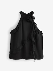 Black Corsage Neck Ruffle Front Detail Sleeveless Blouse - Image 6 of 7