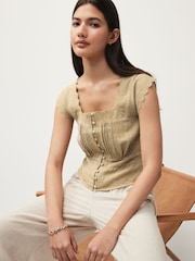 Khaki Green Short Sleeve Broderie Square Neck Blouse - Image 1 of 7