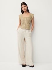 Khaki Green Short Sleeve Broderie Square Neck Blouse - Image 2 of 7