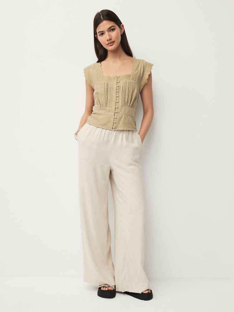 Khaki Green Short Sleeve Broderie Square Neck Blouse - Image 2 of 7