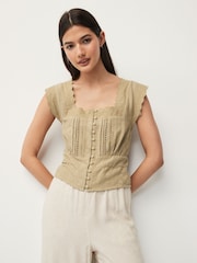 Khaki Green Short Sleeve Broderie Square Neck Blouse - Image 4 of 7