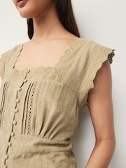 Khaki Green Short Sleeve Broderie Square Neck Blouse - Image 5 of 7