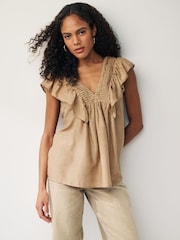 Neutral Sleeveless Ruffle V-Neck Top - Image 1 of 7