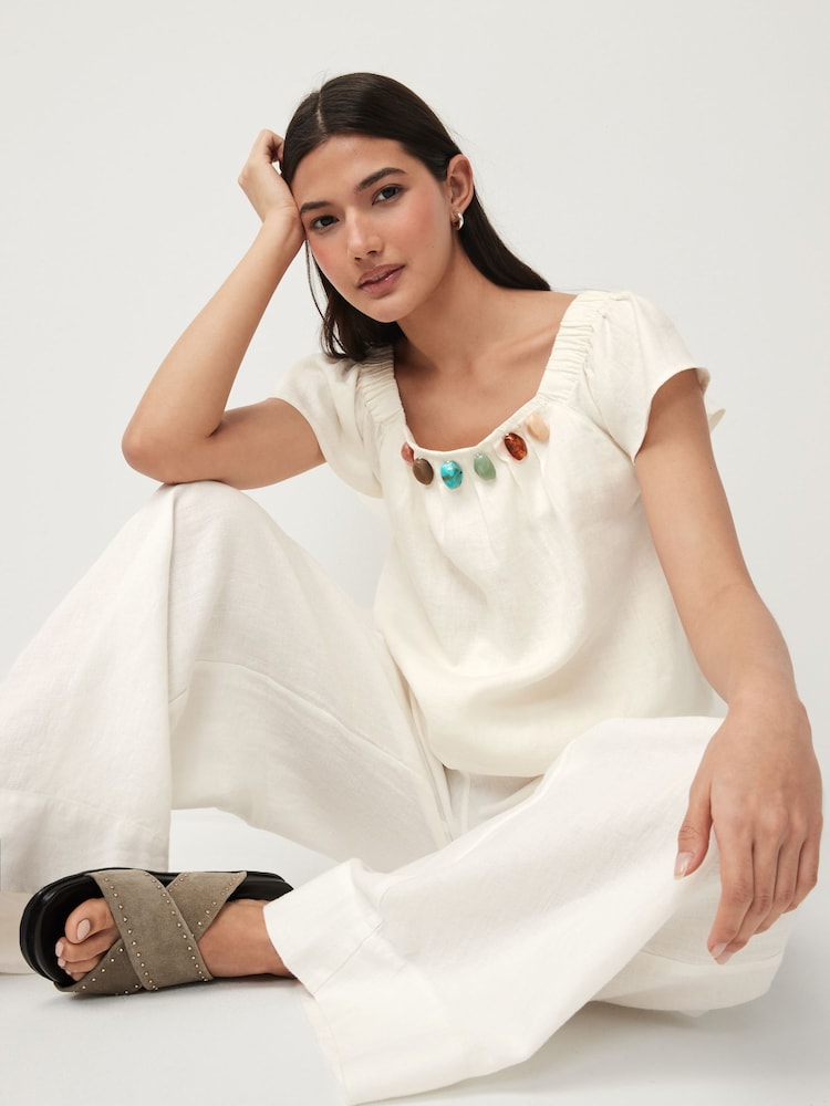 Ecru Linen Beaded Flutter Sleeve Top - Image 1 of 7 Ecru Linen Beaded Flutter Sleeve Top - Image 1 of 7