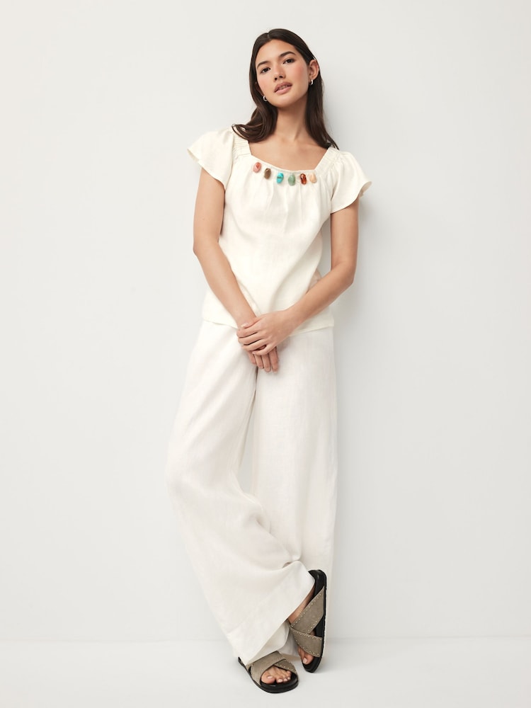 Ecru Linen Beaded Flutter Sleeve Top - Image 2 of 7 Ecru Linen Beaded Flutter Sleeve Top - Image 2 of 7
