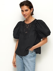 Black Cotton Poplin Puff Sleeve Crochet Insert Blouse - Image 1 of 6