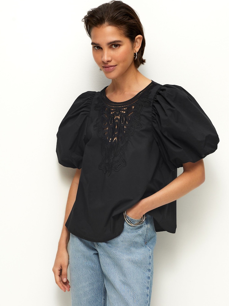 Black Cotton Poplin Puff Sleeve Crochet Insert Blouse - Image 1 of 6