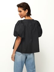 Black Cotton Poplin Puff Sleeve Crochet Insert Blouse - Image 2 of 6