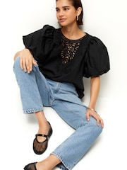 Black Cotton Poplin Puff Sleeve Crochet Insert Blouse - Image 3 of 6