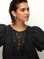 Black Cotton Poplin Puff Sleeve Crochet Insert Blouse - Image 4 of 6