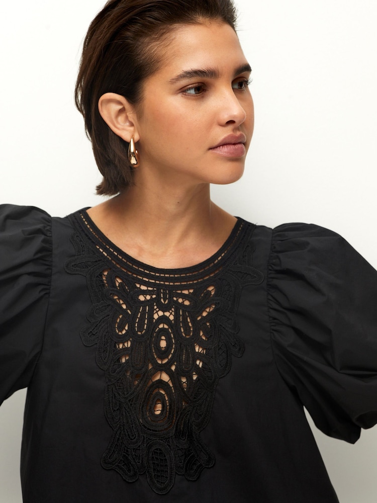 Black Cotton Poplin Puff Sleeve Crochet Insert Blouse - Image 4 of 6