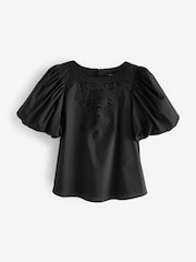 Black Cotton Poplin Puff Sleeve Crochet Insert Blouse - Image 5 of 6