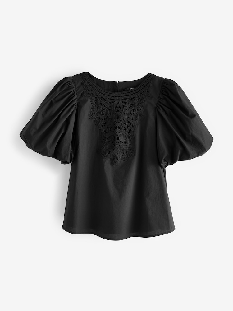 Black Cotton Poplin Puff Sleeve Crochet Insert Blouse - Image 5 of 6