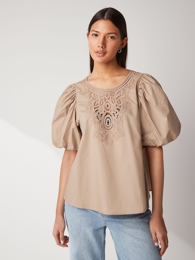 Beige Cotton Poplin Puff Sleeve Crochet Insert Blouse - Image 1 of 6