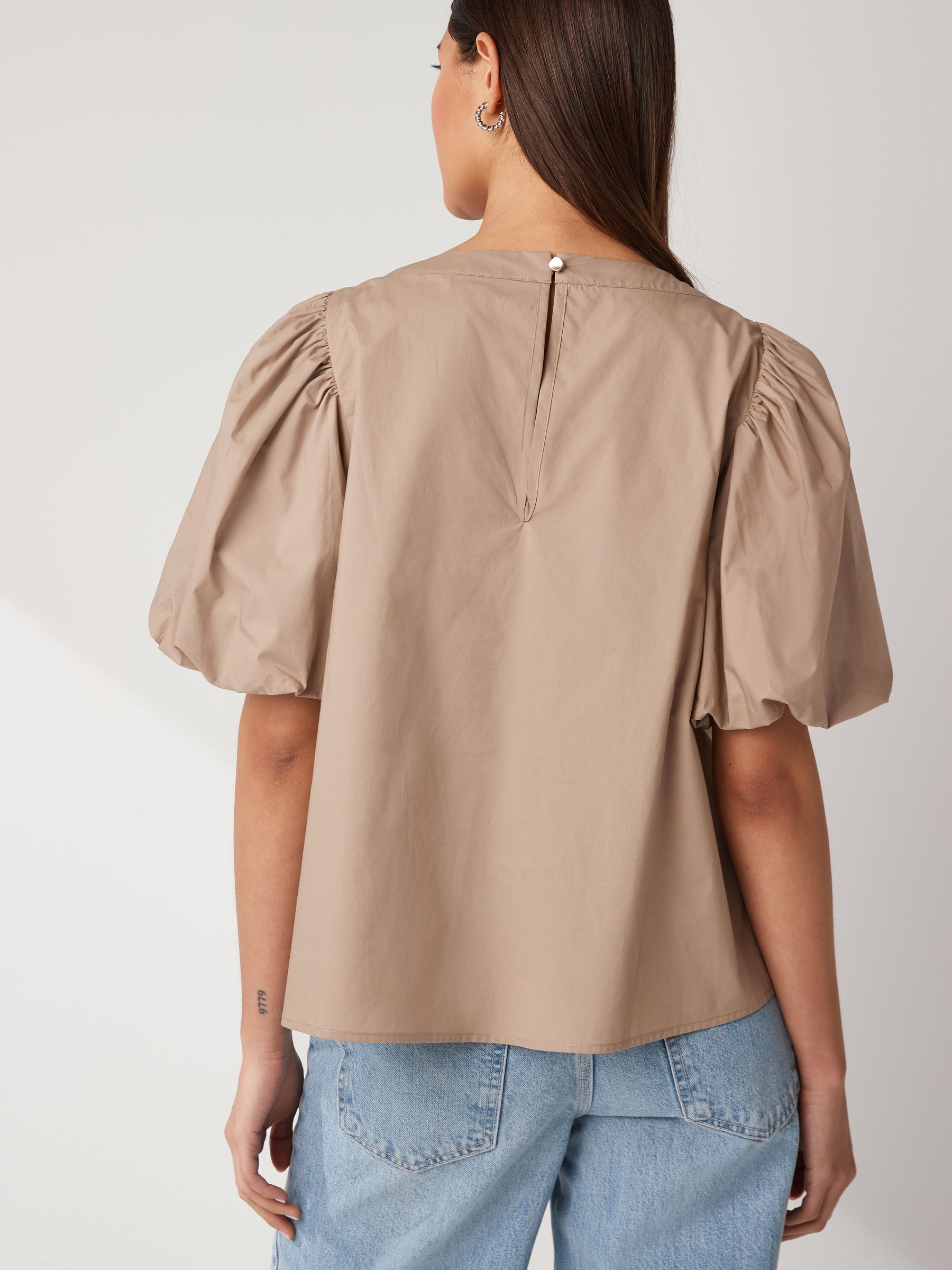 Buy Beige Cotton Poplin Puff Sleeve Crochet Insert Blouse