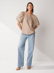Beige Cotton Poplin Puff Sleeve Crochet Insert Blouse - Image 3 of 6