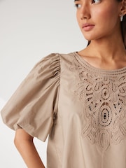 Beige Cotton Poplin Puff Sleeve Crochet Insert Blouse - Image 4 of 6
