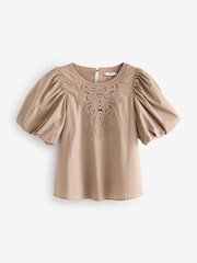 Beige Cotton Poplin Puff Sleeve Crochet Insert Blouse - Image 5 of 6
