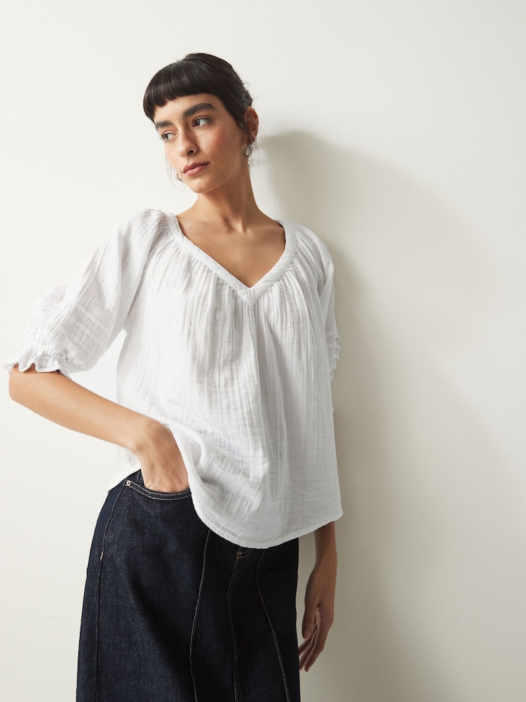 White Washed V-Neck 100% Cotton Blouse - Image 1 of 7