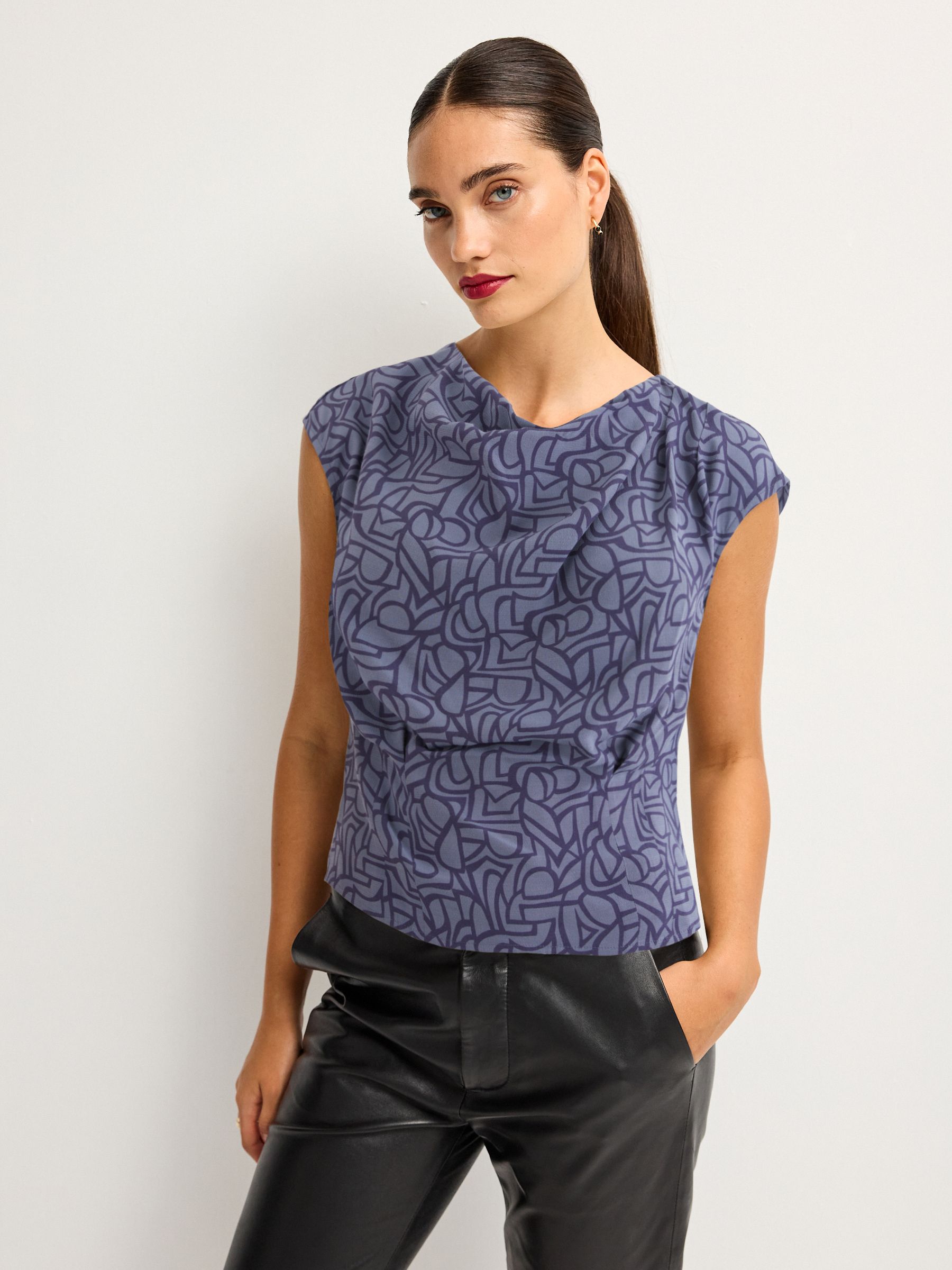 Buy Navy Blue Geometric Print Cowl Neck Cap Sleeve Top from Next Luxembourg