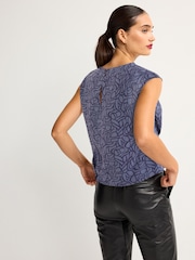 Navy Blue Geometric Print Cowl Neck Cap Sleeve Top - Image 2 of 5