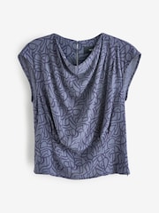 Navy Blue Geometric Print Cowl Neck Cap Sleeve Top - Image 4 of 5