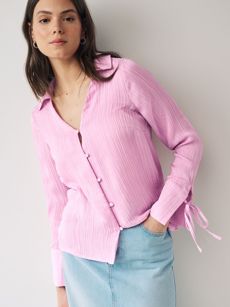 Pink Tie Sleeve Textured Collared V-Neck Blouse - Image 1 of 6 Pink Tie Sleeve Textured Collared V-Neck Blouse - Image 1 of 6