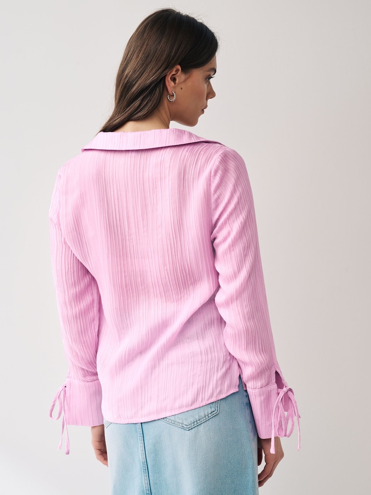 Pink Tie Sleeve Textured Collared V-Neck Blouse - Image 2 of 6 Pink Tie Sleeve Textured Collared V-Neck Blouse - Image 2 of 6
