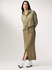 Khaki Green Utility Ruched Side Long Sleeve Shirt - Image 1 of 7