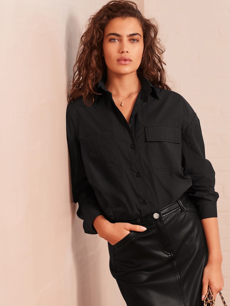 Black Utility Ruched Side Long Sleeve Shirt - Image 1 of 7